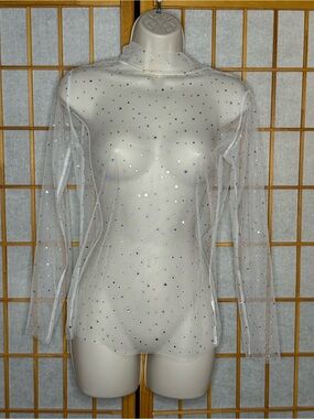 Amazon White Sheer Mesh Long-Sleeve Top with Iridescent Sequins
